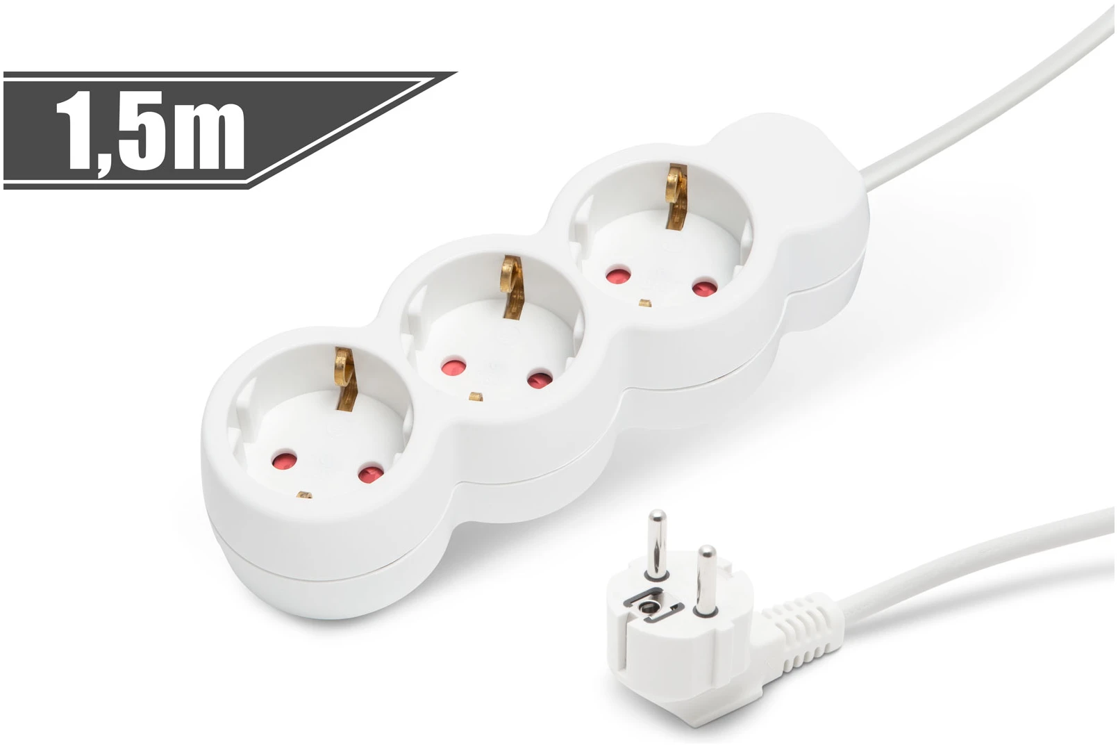 Afbeelding van 3-Weg Stekkerdoos met Kabel - 1,5 m - Wit - Kinderbeveiliging - 90° Stekker - 3×CEE 7/4 Stopcontacten - 16A