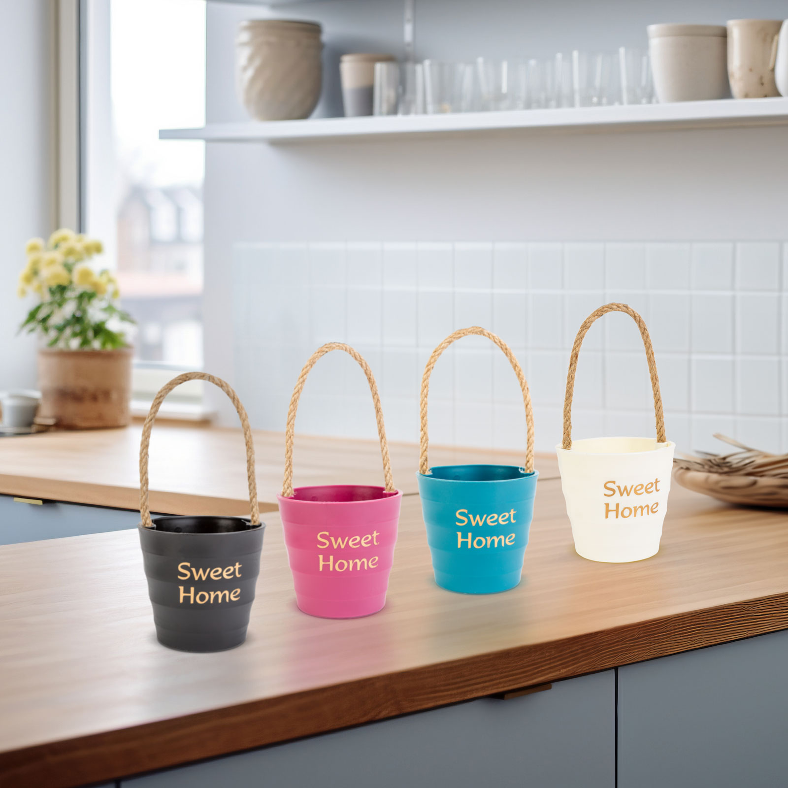 Afbeelding van Decoratieve Bloempot met Touw - 9×8 cm, Kunststof, Modern Design in 4 Kleuren voor Planten & Organisatie