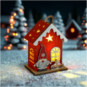 Afbeelding van Kerst LED Decoratie – Houten Huis Met Kabouter – Warm Wit LED – Rood – Met Ophangkoord – Op
