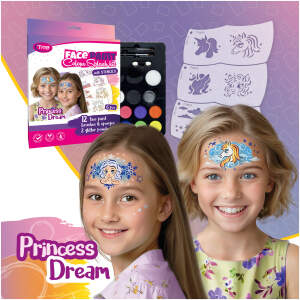 Afbeelding van Prinsessendroom Schminkset voor Kinderen - 12 Kleuren, 6 Sprookjessjablonen (Eenhoorn, Prinses) - Veilig,