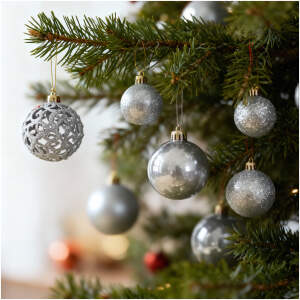 Afbeelding van Kerstballen Set Met Kerstboom Piek – Zilverkleurige Kerstversiering – Mix Van Glanzend Mat En Glitter –