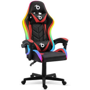 Afbeelding van Gaming Bureaustoel Met RGB LED - Zwart/Rood - Kussen - Armleuningen - Gasveer - USB - Verstelbare Rug - 120