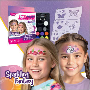 Afbeelding van Sprankelend Fantasy Schminkset - 12 Kleuren, 6 Sjablonen, Glitters & Accessoires - Veilig en Creatief