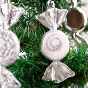 Afbeelding van Kerstdecoratieset - 6 zilveren snoepornamenten (10 x 3,6 cm) - mat, glanzend & glitter - kunststof