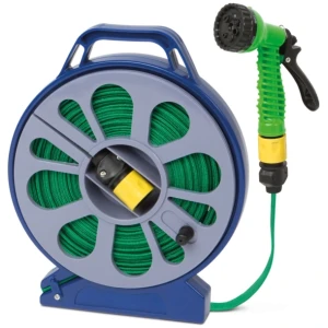 Afbeelding van Irrigatieset 15 m - Flexibele Stoffen Tuinslang met Haspel & 7-in-1 Sproeikop - Compact & Verstelbaar