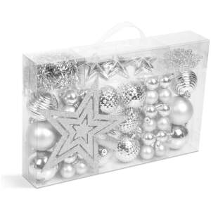 Afbeelding van Kerstdecoratieset - Zilver - 66-delig - Ø3/6 cm - 60 kerstballen (mat, glanzend), 3 sterren, 1 piek, 1 m