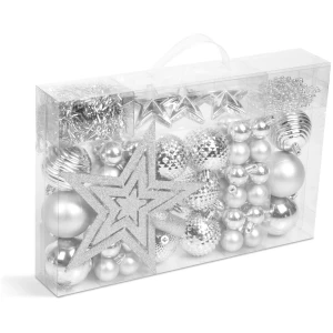 Afbeelding van Kerstdecoratieset - Zilver - 66-delig - Ø3/6 cm - 60 kerstballen (mat, glanzend), 3 sterren, 1 piek, 1 m