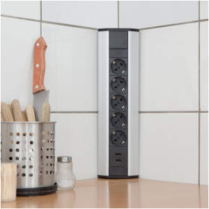 Afbeelding van Hoekstekkerdoos - 3 Stopcontacten + 2× USB - 16A / 3500W - 250V - Aluminium Design - Kinderbeveiliging -