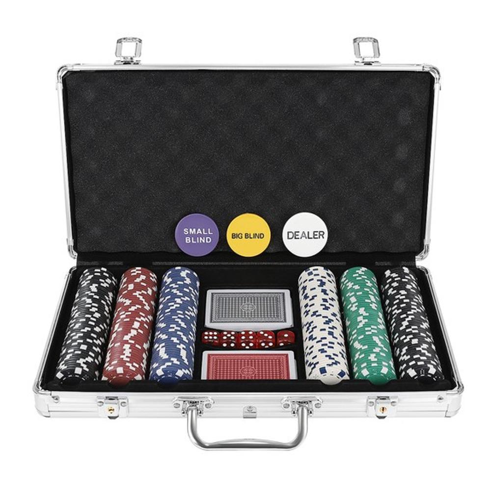 Afbeelding van Poker Set in Aluminium Koffer - 300 Chips, 2 Kaartspellen, Dobbelstenen - Inclusief Sleutel & Dealer Chip
