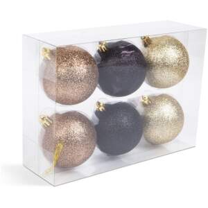 Afbeelding van Kerstdecoratieset - Donkergoud - 6-delig - Ø7 cm - 2 matte, 2 glanzende, 2 glitter kerstballen - Kunststof -