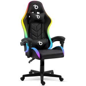 Afbeelding van Gaming Bureaustoel Met RGB LED - Zwart - Kussen - Armleuningen - Gasveer - USB - Verstelbare Rug - 120 kg -