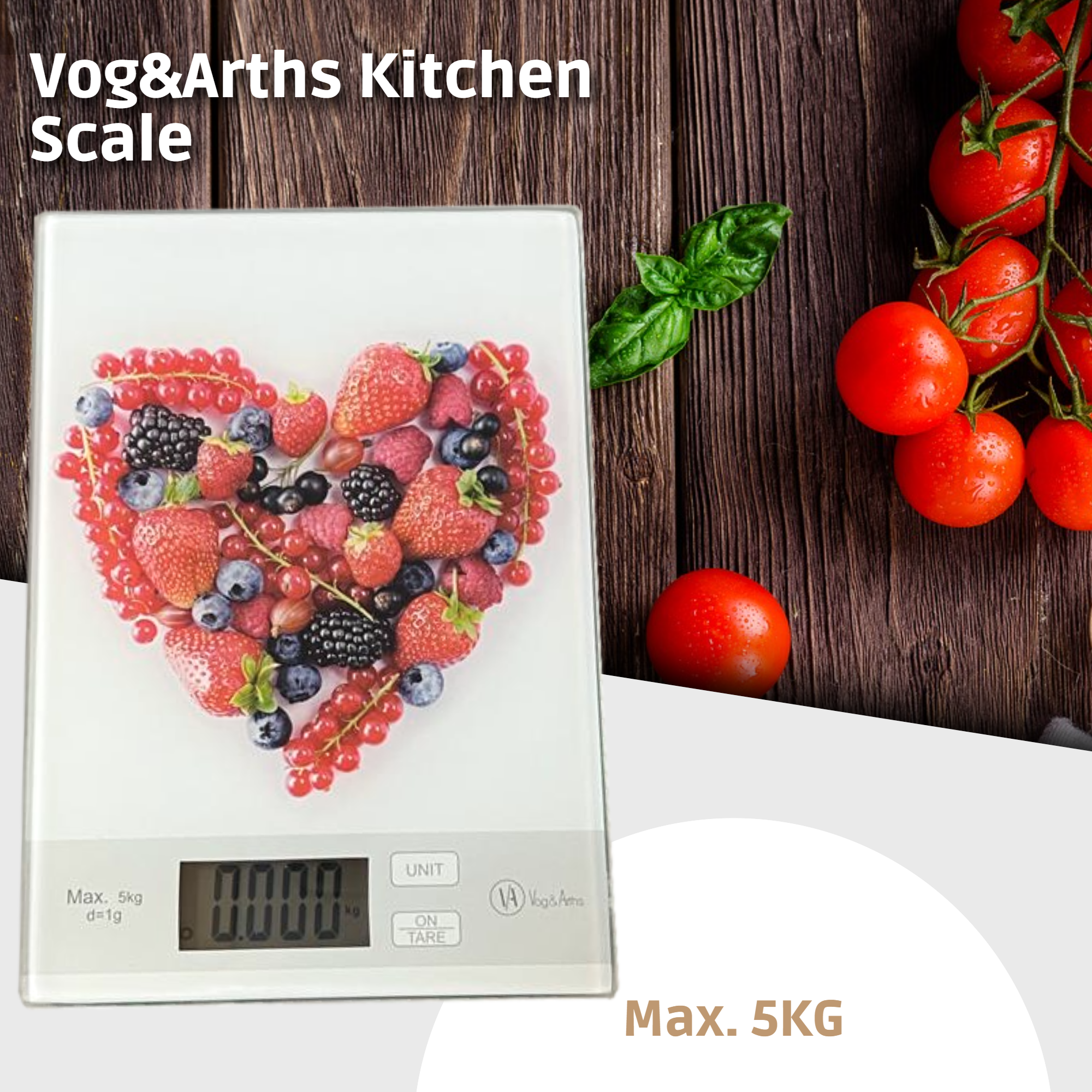Afbeelding van Vog&Arths - Digitale Precisie Keukenweegschaal – Weegschaal Keuken - 1gr -5kg -Tarra Functie - Wit -
