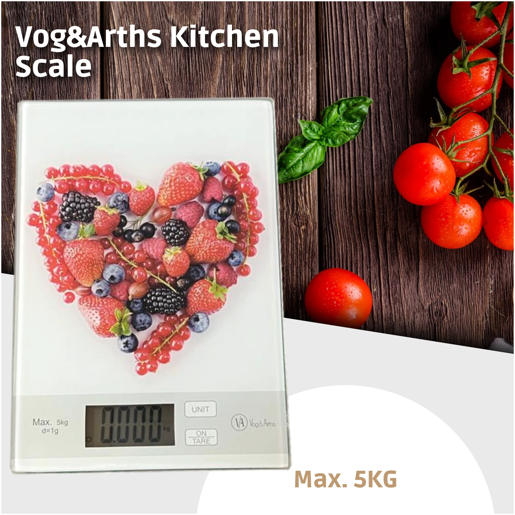 Afbeelding van Vog&Arths - Digitale Precisie Keukenweegschaal – Weegschaal Keuken - 1gr -5kg -Tarra Functie - Wit -
