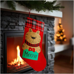 Afbeelding van Kerstsok – Kerstlaars met kattenprint – Hangbare kerstdecoratie in rood en zwart - 1 Stuks [59756A] -