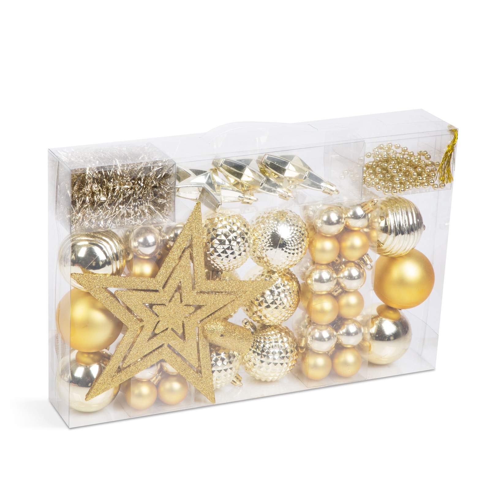 Afbeelding van Kerstdecoratieset - Goud - 66-delig - Ø3/6 cm - 60 kerstballen (mat, glanzend), 3 sterren, 1 piek, 1 m
