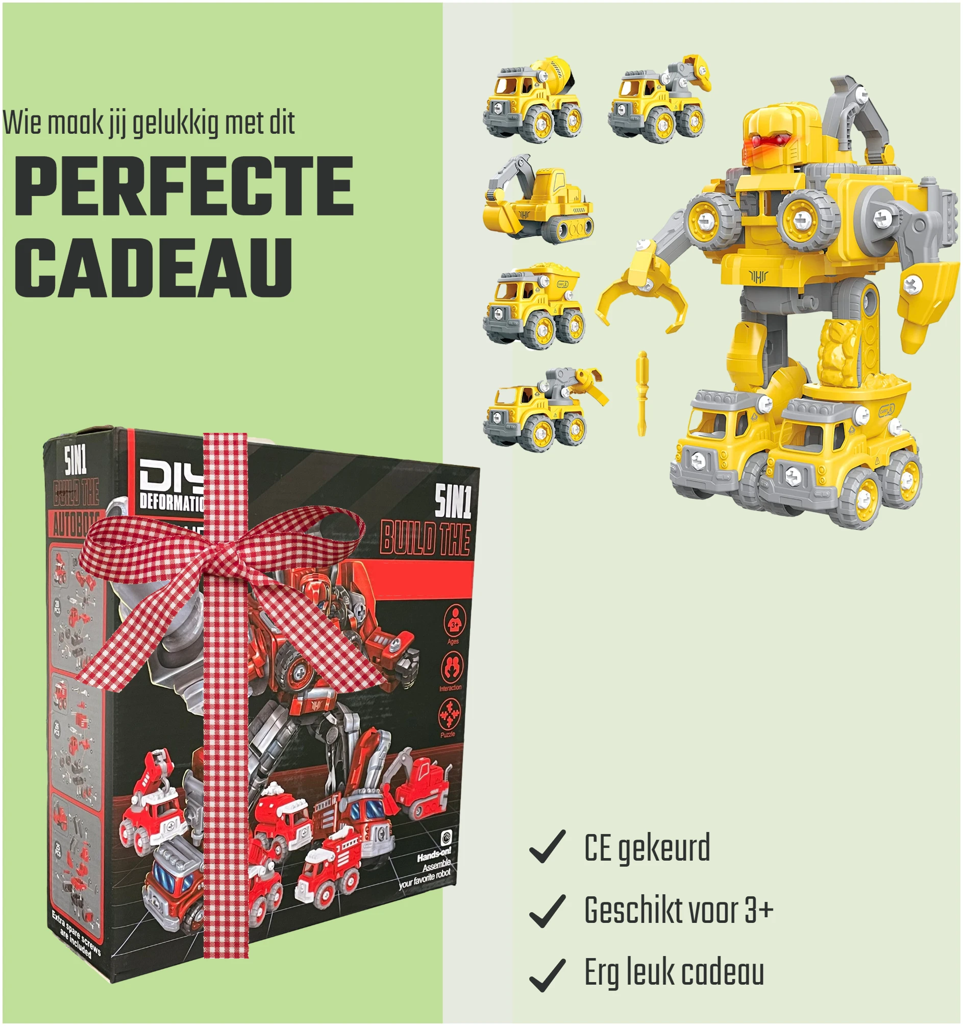 Afbeelding van N'JOY Life - Robot speelgoed - Geel 5 in 1 - Robots - Politie - Brandweerauto - Bouwpakket -