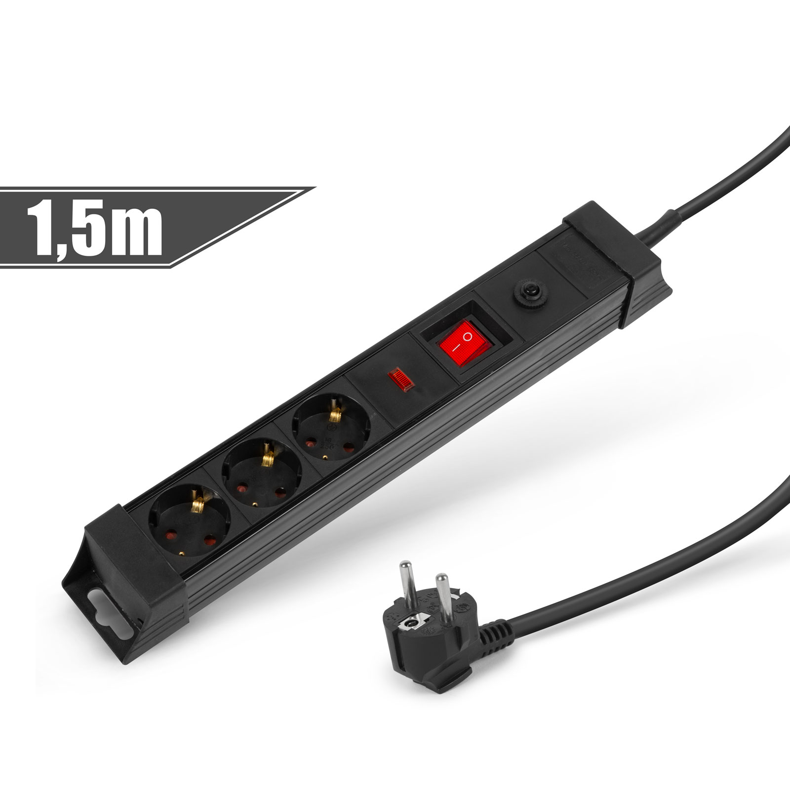 Afbeelding van Zwarte 3-voudige verdeeldoos, stekkerdoos, verlengsnoer met overspannings- en overstroombeveiliging,