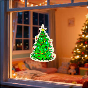 Afbeelding van Kerst raamdecoratie kerstboom – Raamsticker met zuignap 30 x 29 cm – Herbruikbare kerstdecoratie voor