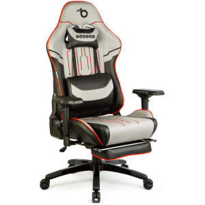 Afbeelding van Gamingstoel grijs/zwart/rood - ergonomisch, verstelbaar met hoofdsteun, lendensteun en voetensteun - comfort