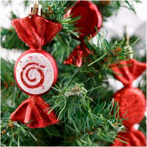 Afbeelding van Kerstdecoratieset - 6 rode snoepornamenten (10 x 3,6 cm) - mat, glanzend & glitter - kunststof