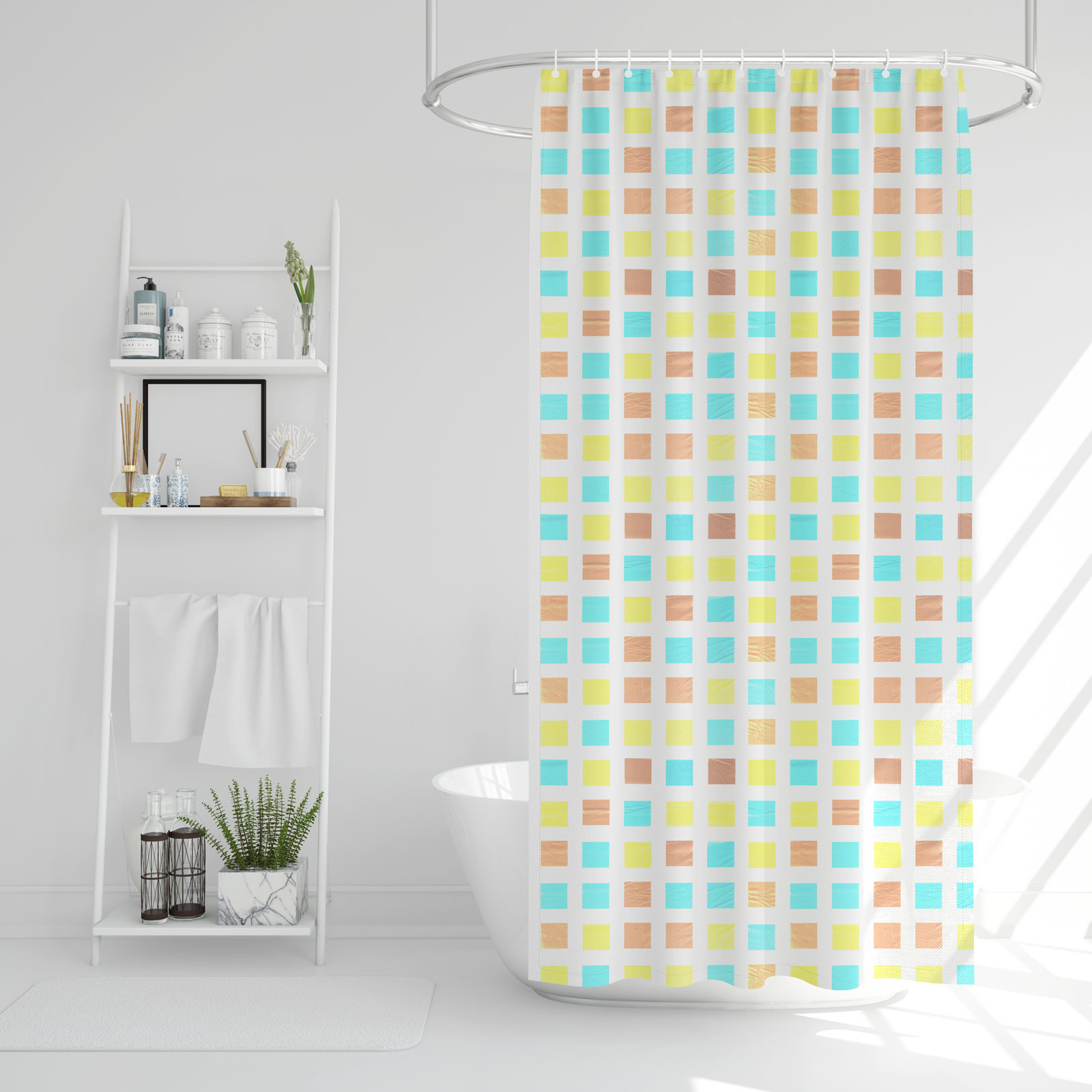 Afbeelding van Douchegordijn Met Ringen – 180 × 180 Cm – PEVA – Semi-Transparant – Druppel, Lente Of Ruit Patroon