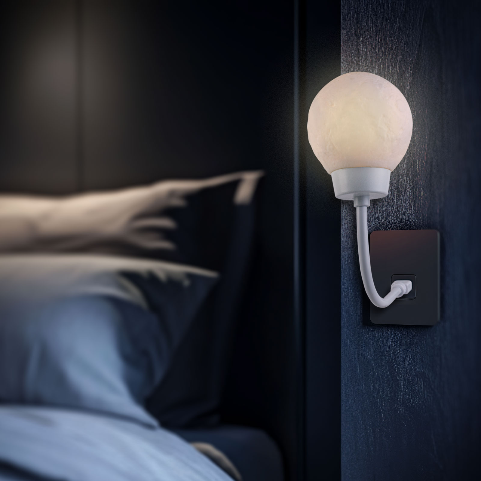 Afbeelding van Nacht Sfeerlamp - Maanlantaarn - Warm Wit LED - USB Voeding - 3D Geprinte Maanstructuur - Ø65 mm - Voor