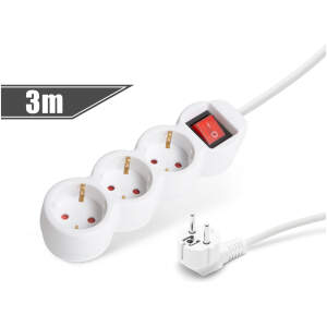 Afbeelding van Witte 3-voudige stekkerdoos 3 meter kabel - verlengsnoer, power strip, verdeeldoos, voorzien van CEE 7/7
