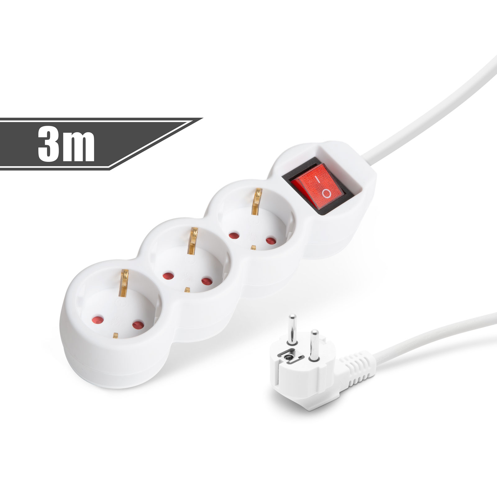Afbeelding van Witte 3-voudige stekkerdoos 3 meter kabel - verlengsnoer, power strip, verdeeldoos, voorzien van CEE 7/7