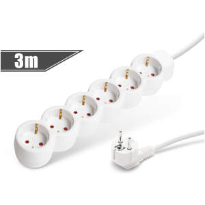 Afbeelding van Witte 6-voudige stekkerdoos 3 meter kabel - verlengsnoer, power strip, verdeeldoos, met hoogwaardige isolatie