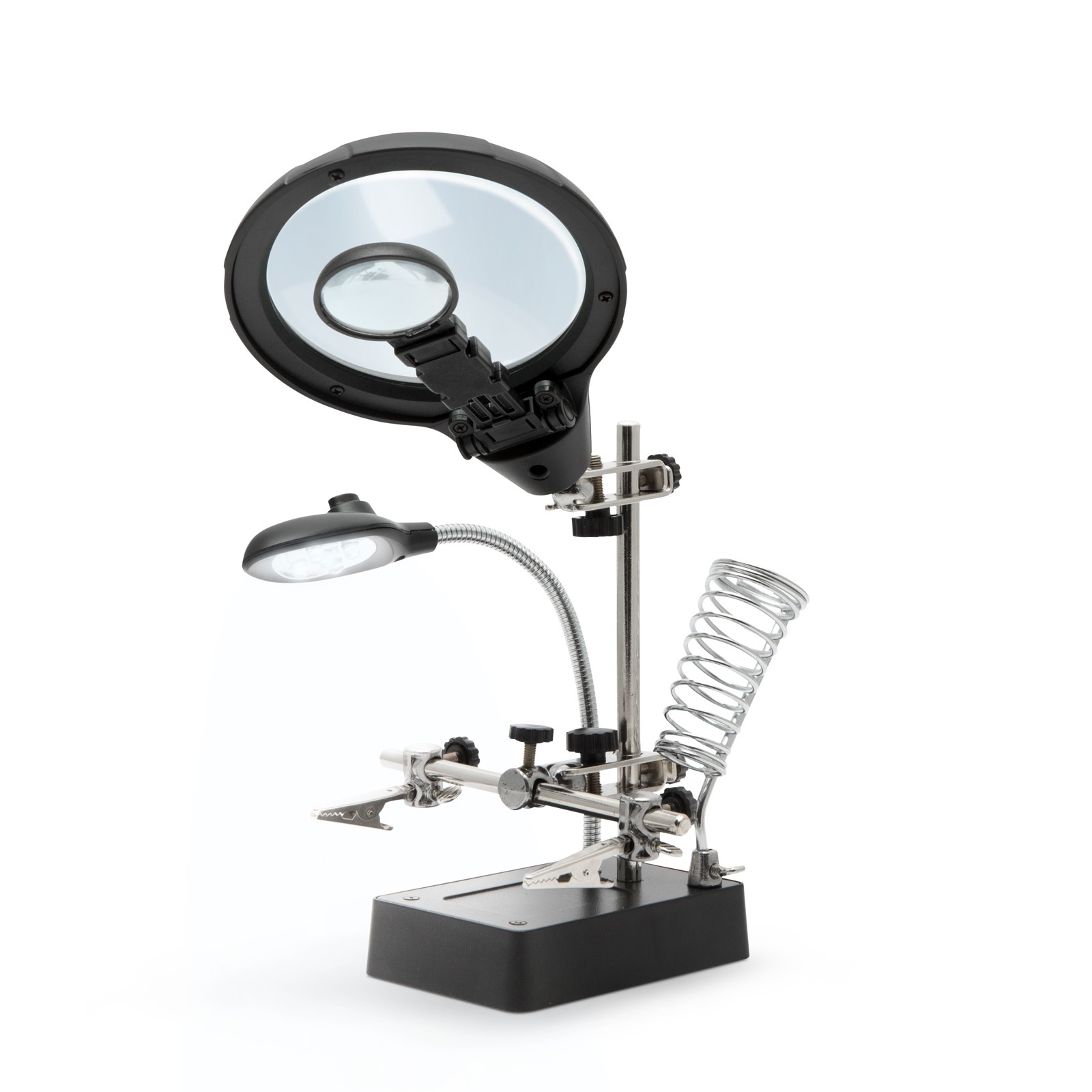 Afbeelding van Derde Hand - Soldeerhulp Met Vergrootglas En Krokodillenklemmen - Printplaat Houder Met 5 LED Verlichting En