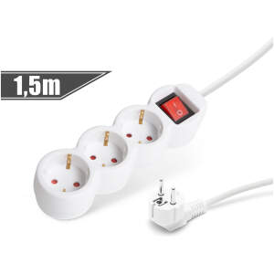 Afbeelding van Witte 3-voudige stekkerdoos - 1,5 meter kabel - verlengsnoer, verdeeldoos, met robuuste isolatie - CEE 7/7