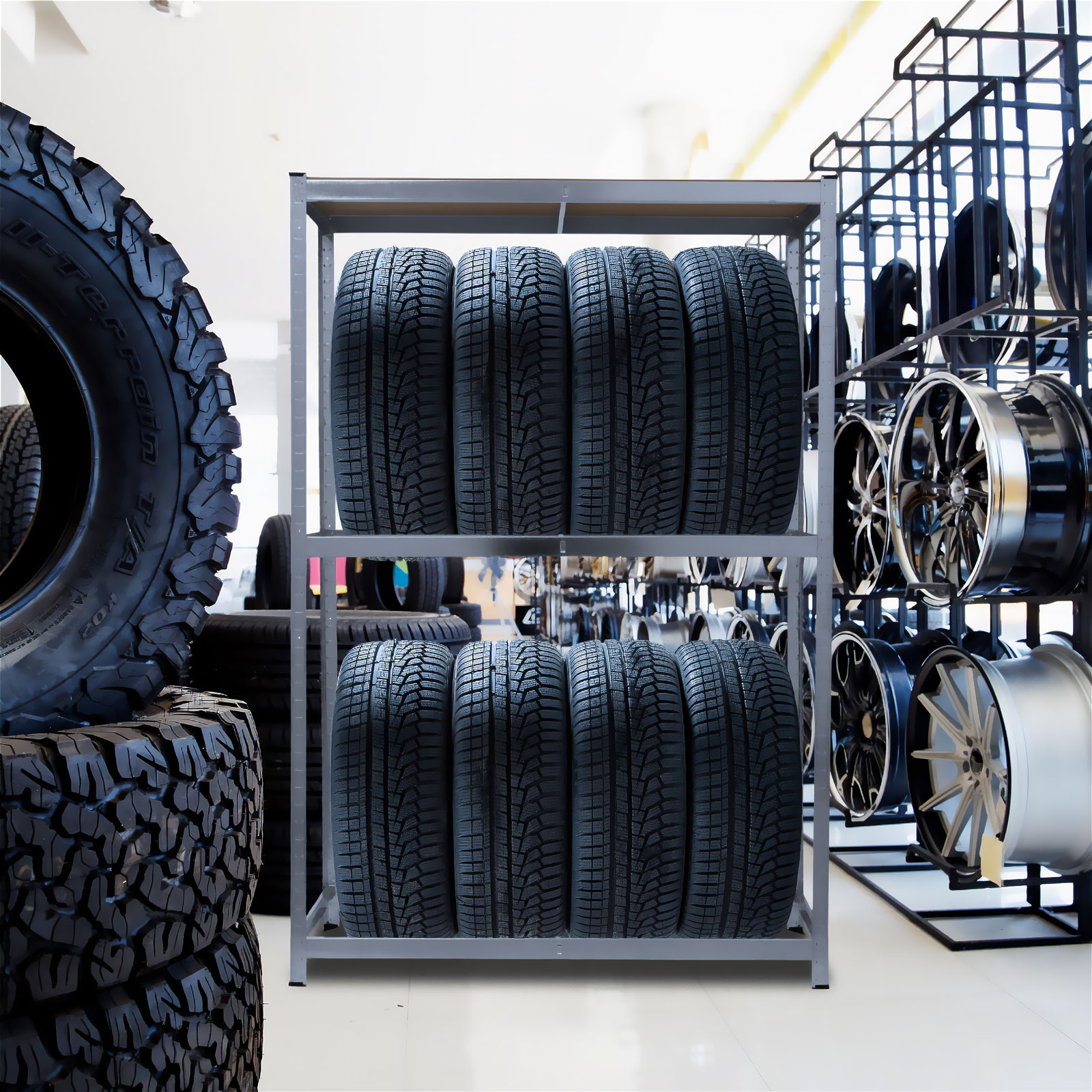 Afbeelding van Metalen Bandenrek – Opslagrek Voor Autobanden – 180 × 120 × 40 cm – Hoge Draagkracht Tot 795 kg –