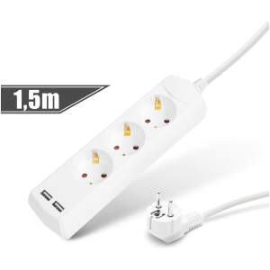 Afbeelding van Stekkerdoos 3-voudig - 1,5 m - 2x USB (2,1A) - Kinderbeveiliging - 250V • 16A - Wit [20201U] - 4e30 205d