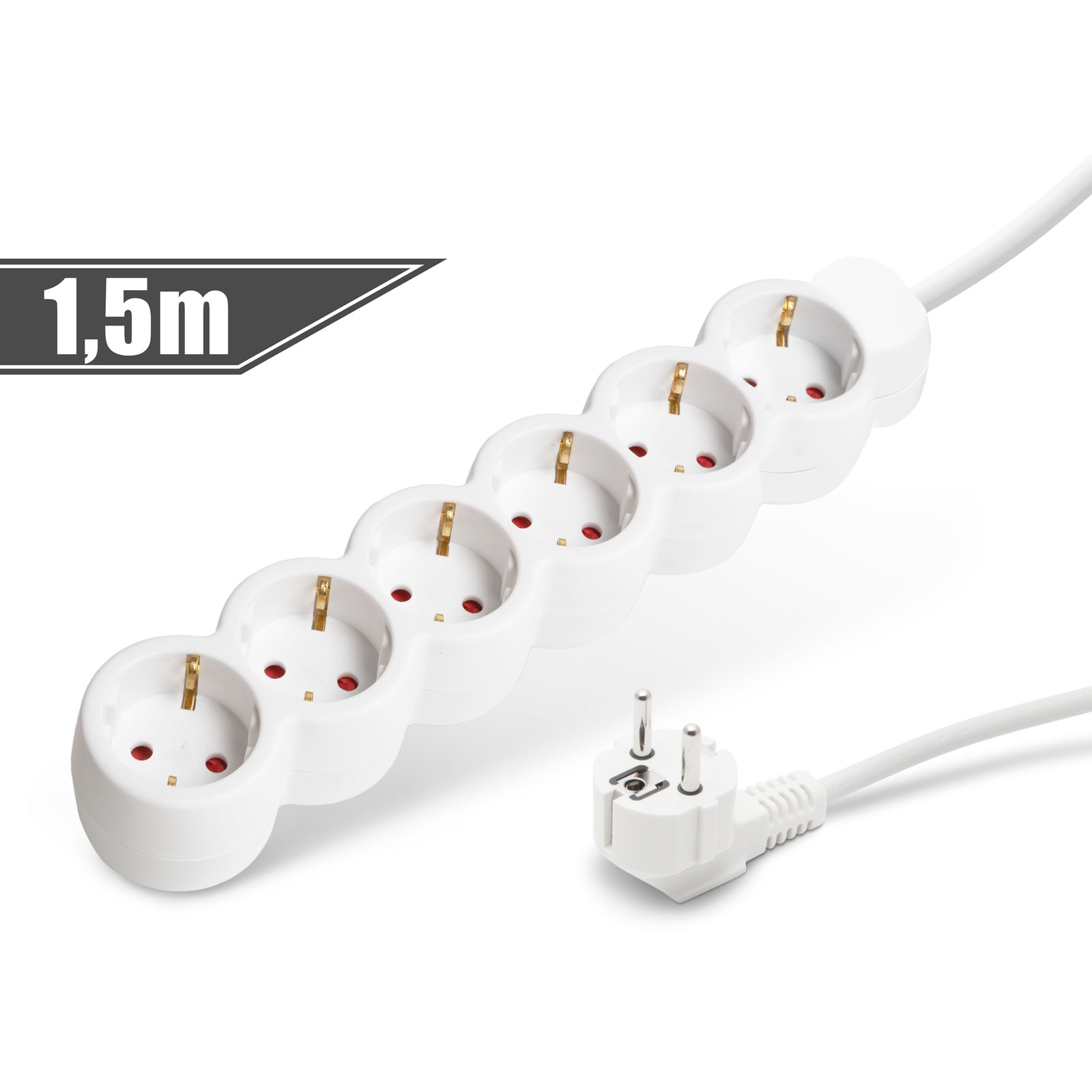 Afbeelding van Witte 6-voudige stekkerdoos 1,5 meter kabel - verlengsnoer, power strip, verdeeldoos, met dikke isolatie -
