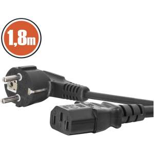 Afbeelding van 1,8 meter zwarte AC voedingskabel met IEC C13 aansluiting en haakse CEE 7/7 stekker - stroomkabel voor