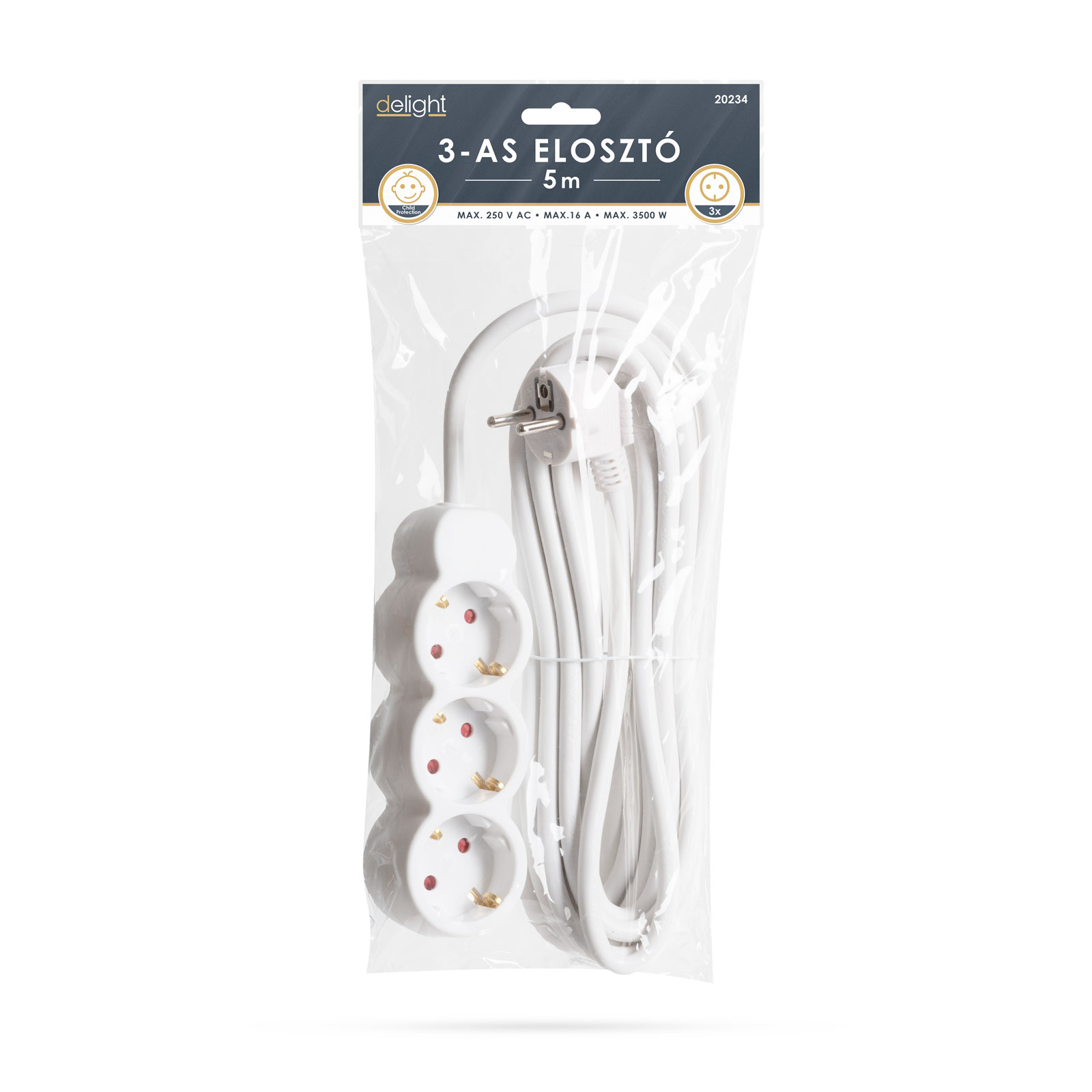 Afbeelding van Witte 3-voudige stekkerdoos met kinderslot, verlengsnoer en 5 meter kabel, geschikt voor huishoudelijk en