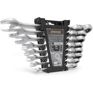 Afbeelding van 8-in-1 Ratel Steeksleutelset Met Flexibele Kop – Draaibare Koppen – Maten 8-21 mm – Gemaakt Van
