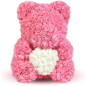 Afbeelding van Rozenbeer 40 cm – Teddybeer van Kunstrozen in Roze of Zwart/Wit – Blijvend Cadeau met Luxe Geschenkdoos
