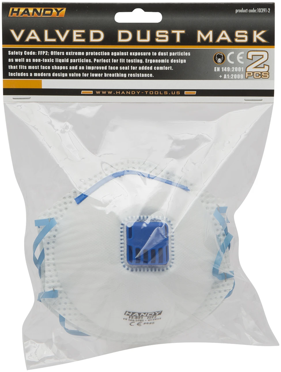 Afbeelding van Handy - 2x Stofmasker met ventiel - FFP2 stofbescherming bij slijpen, beton & houtstof | 2 stuks |