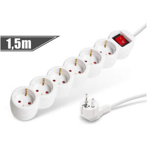 Afbeelding van Witte 6-voudige stekkerdoos 1,5 meter kabel - verlengsnoer, power strip, verdeeldoos, met stevige isolatie-