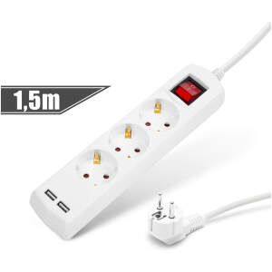 Afbeelding van Stekkerdoos 3-voudig - Met 2× USB (2,1A) en Schakelaar - Kinderbeveiliging - 1,5 m - 250V • 16A - Wit