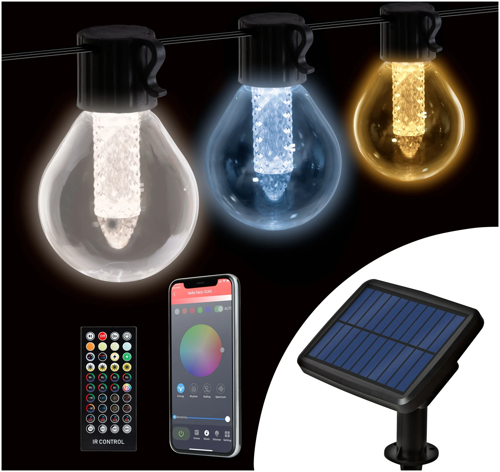 Afbeelding van Smart Solar Lichtsnoer – 15 LED Lampen – Instelbare Kleurtemperatuur – 7,5 M – Met Bluetooth App En