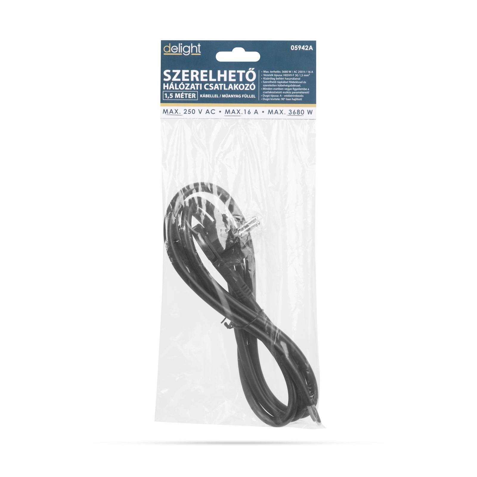 Afbeelding van Haakse Stekker Met 1,5 Meter Kabel Zwart – Montagebare Netstekker Met Treklip – Losse Stekker Met Aarde