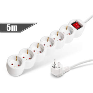 Afbeelding van Witte 6-voudige stekkerdoos, verlengsnoer en 5 meter kabel - ideaal voor thuis en kantoor. Inclusief CEE 7/7