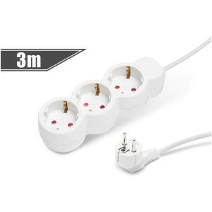 Afbeelding van Witte 3-voudige stekkerdoos 3 meter kabel - verlengsnoer, power strip, verdeeldoos, met stevige isolatie CEE