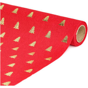 Afbeelding van Tafelloper Kerst 180 × 28 cm – Rode Tafelloper Met Kerstboommotief – 70% Polyester / 30% Katoen –