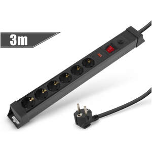 Afbeelding van Zwarte 6-voudige verdeeldoos met overspannings- en overstroombeveiliging, stekkerdoos, verlengsnoer met
