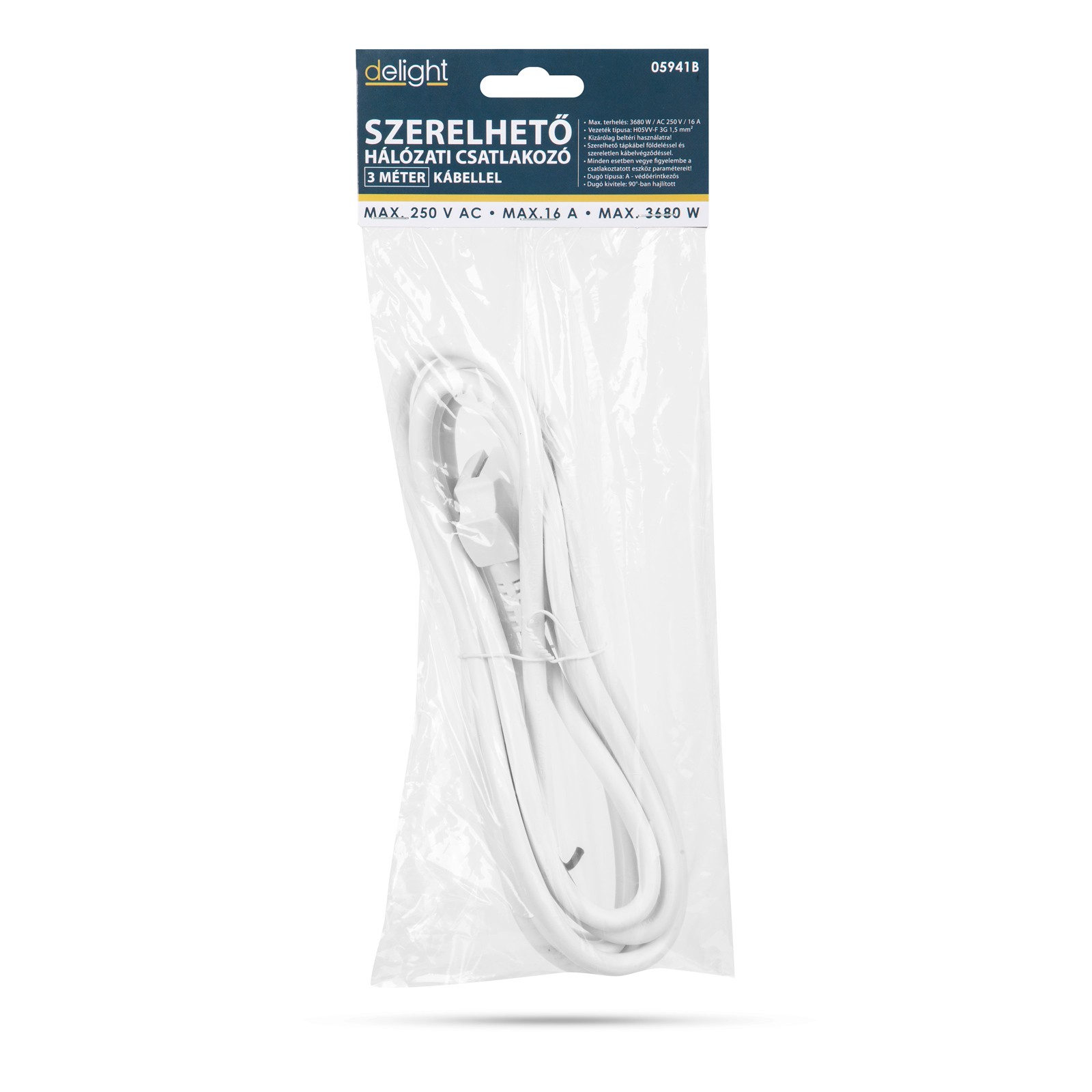 Afbeelding van Haakse Stekker Met 3 Meter Kabel Wit – Montagebare Netstekker Met Aarde – Losse Stekker 230V 16A –