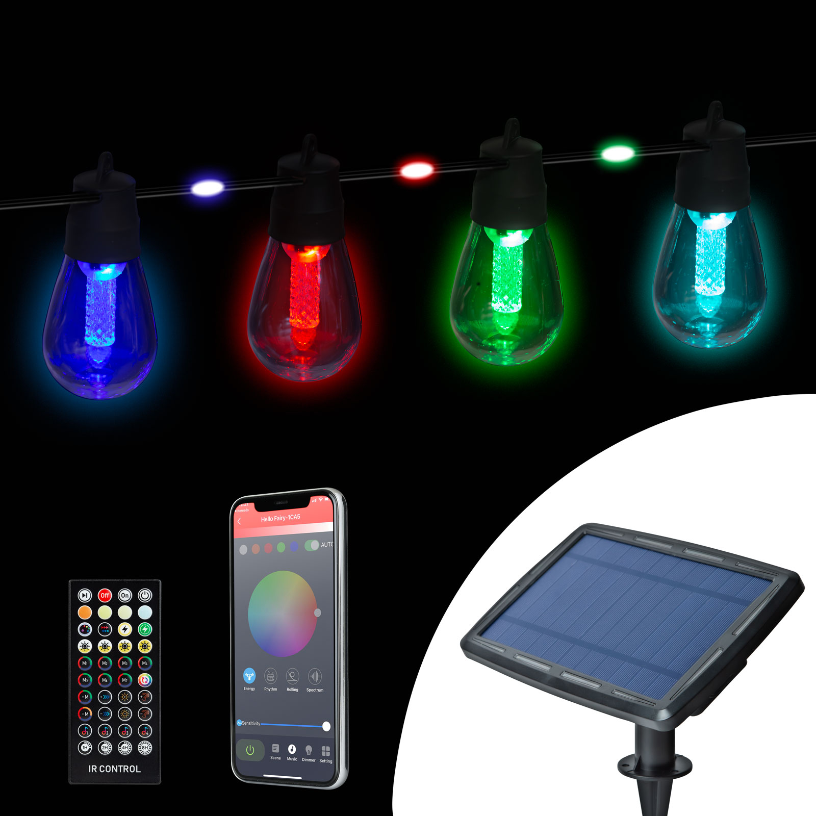 Afbeelding van Smart Solar Lichtsnoer Met 84+15 RGB LEDs – Bluetooth App En Afstandsbediening – Solar En USB Oplaadbaar