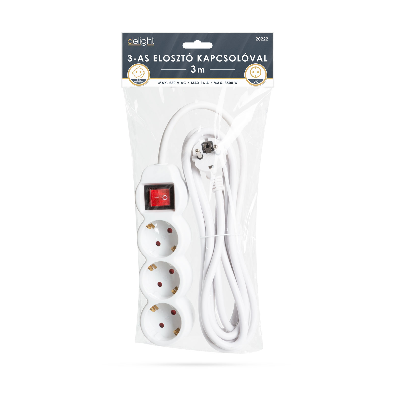 Afbeelding van Witte 3-voudige stekkerdoos 3 meter kabel - verlengsnoer, power strip, verdeeldoos, voorzien van CEE 7/7